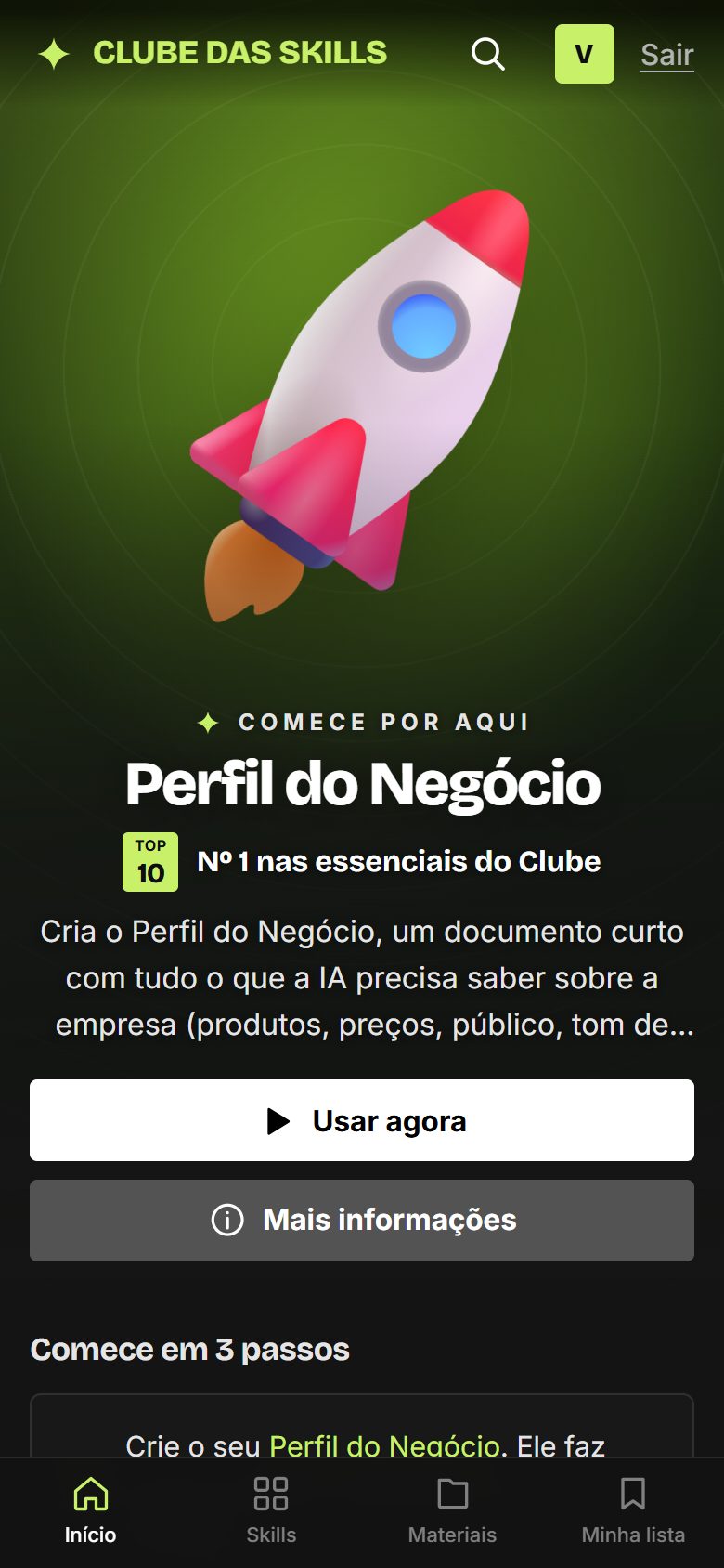 Tela inicial do app Clube das Skills, com a skill em destaque e o botão Usar agora