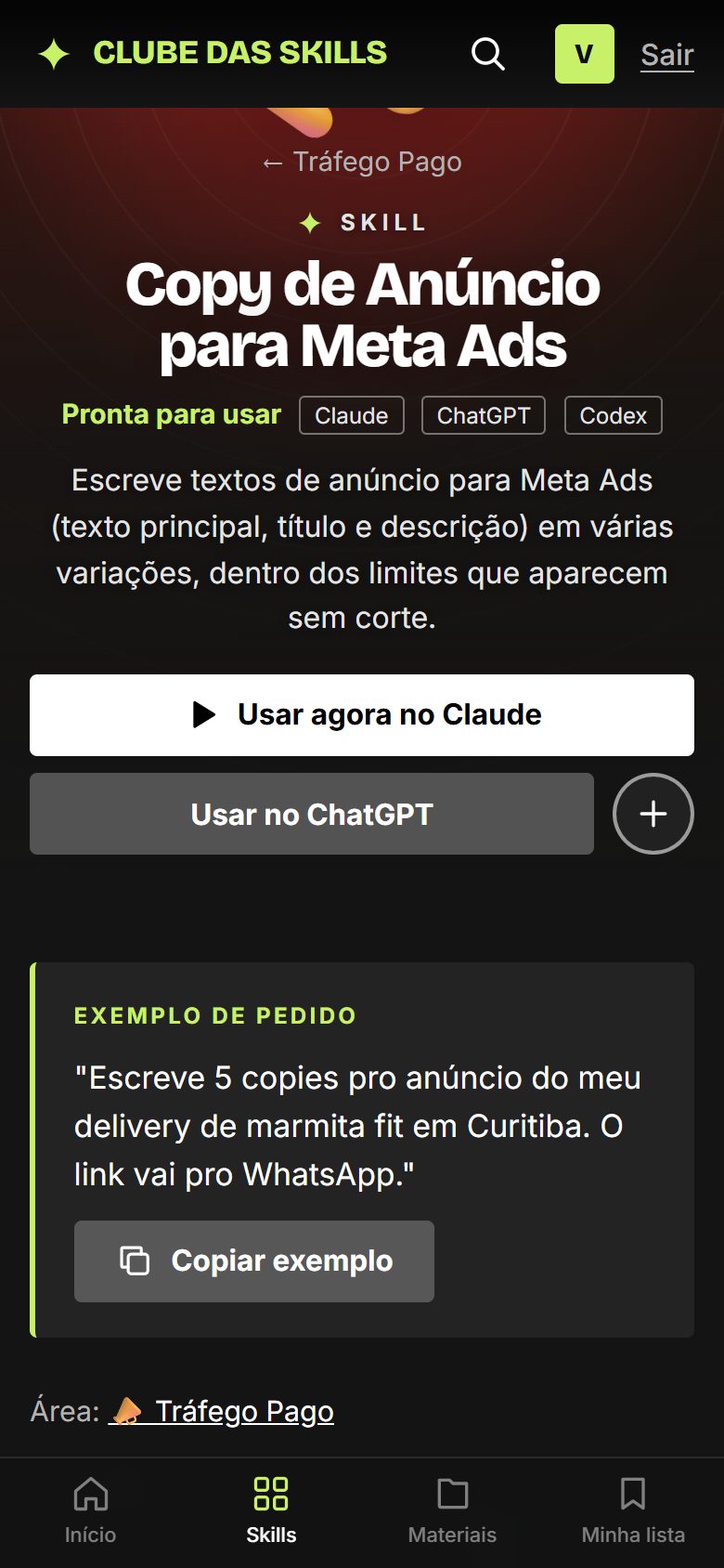 Página de uma skill no celular com os botões Usar agora no Claude e no ChatGPT